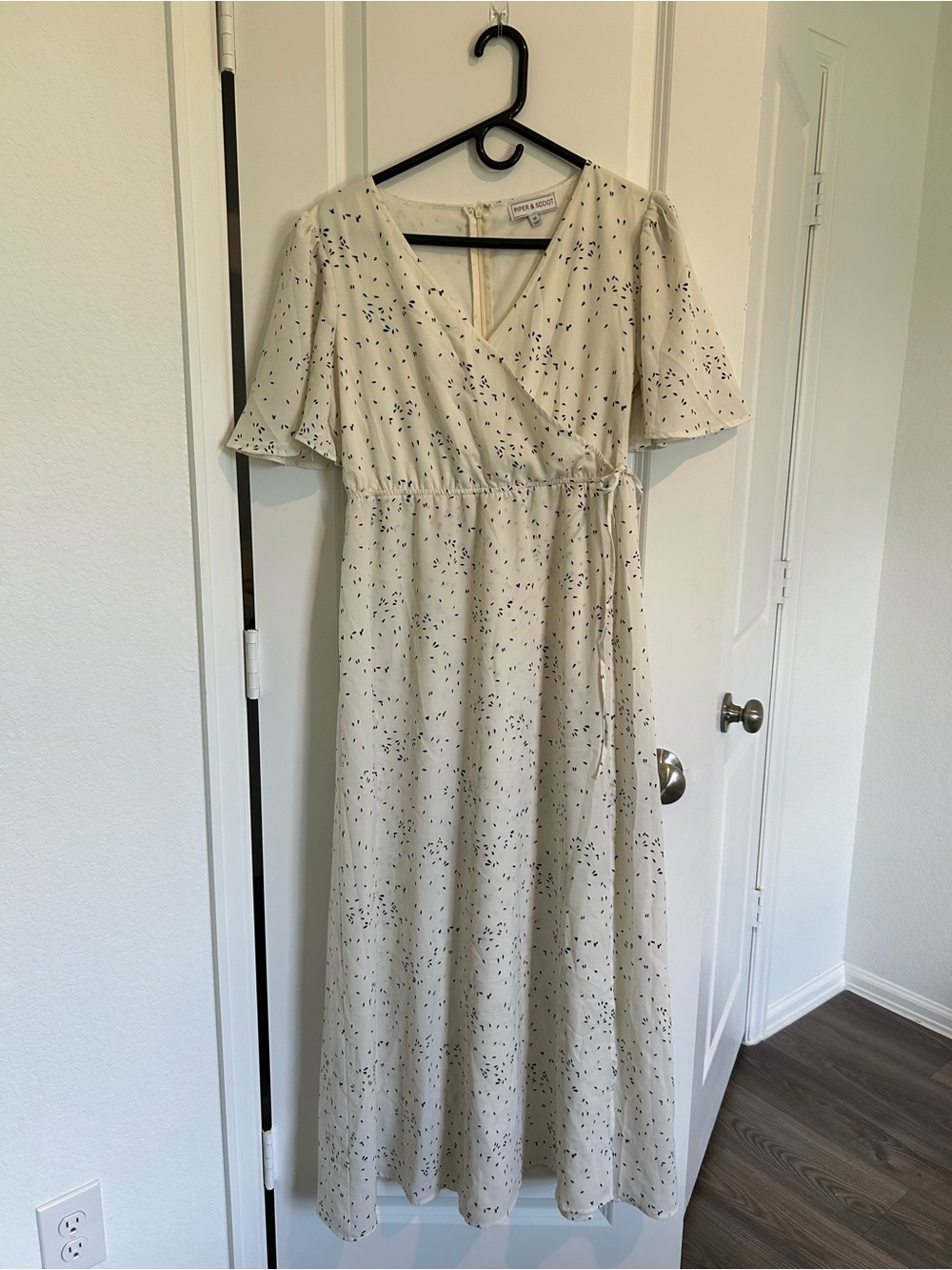 Faux Wrap Midi Dress in Cream with Speckle Print
